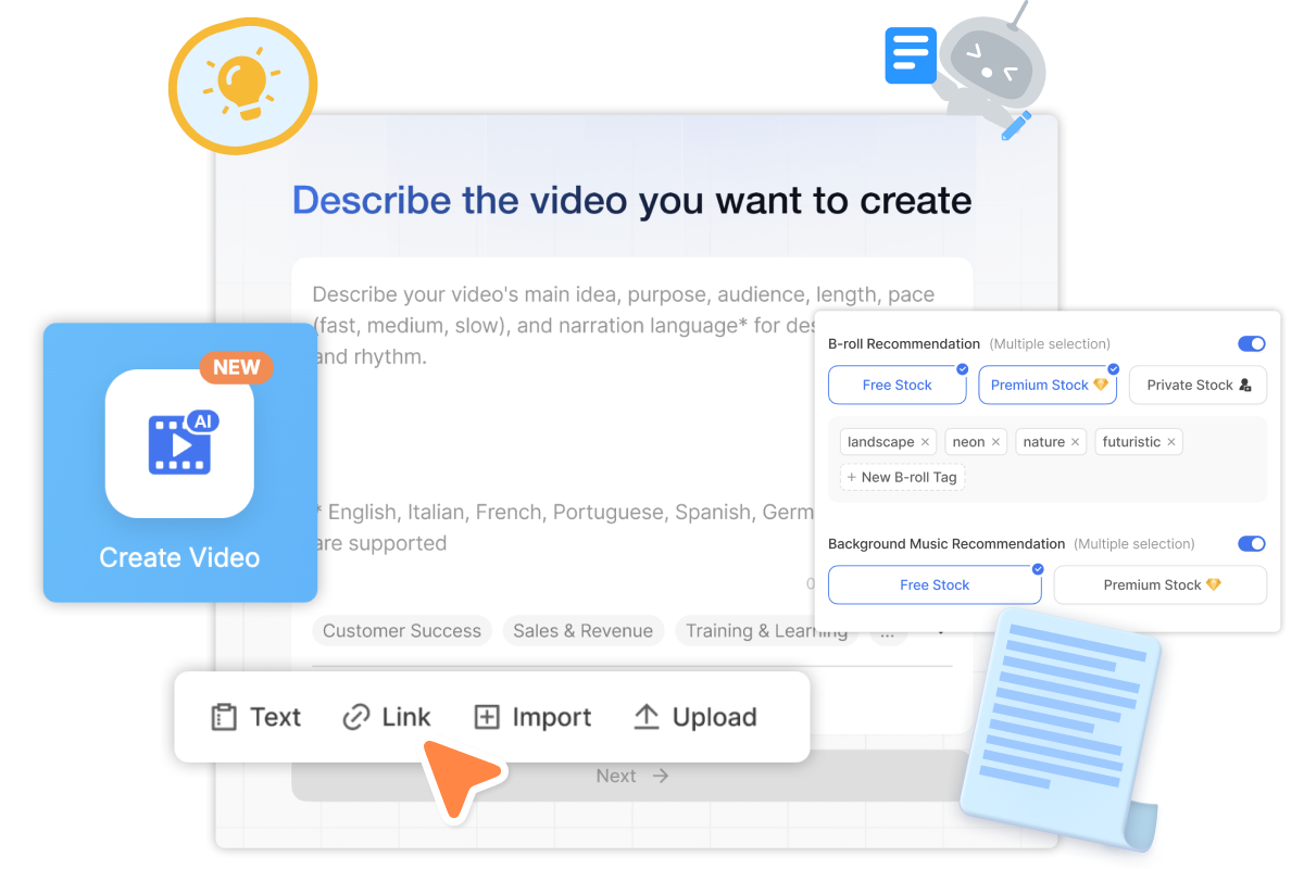 AI Video Agent turning any input into a video, from text to links, uploads, and scripts